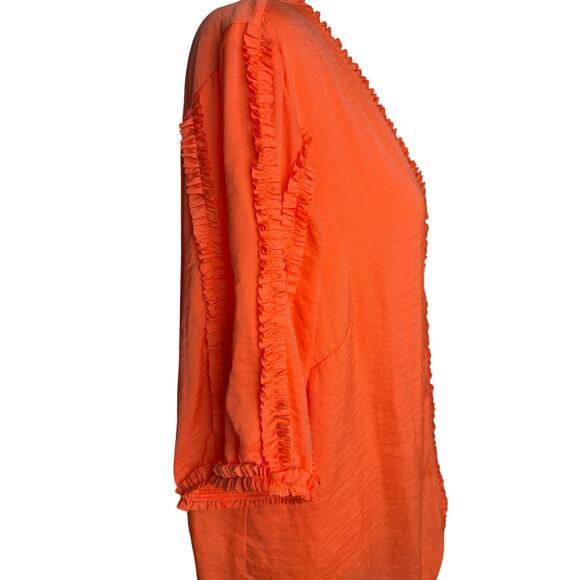 Chico’s Orange V-Neck Button-Up Top 3/4 Sleeve Ruffle Trim Blouse Women’s L - Picture 3 of 8
